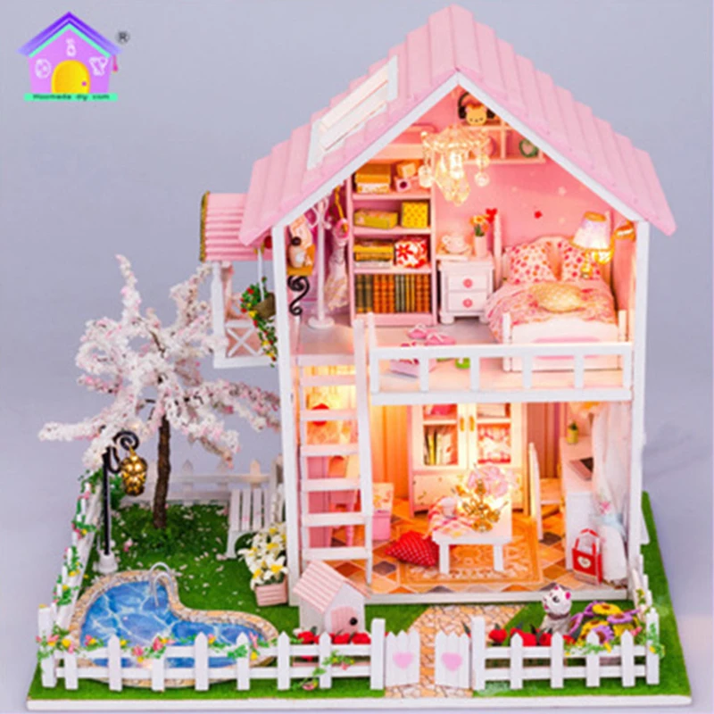 

DIY Wooden DollHouse Miniature Cherry Tree Hut Dolls House Home Furniture Flash Led Light Toys House Gifts For Children 13835