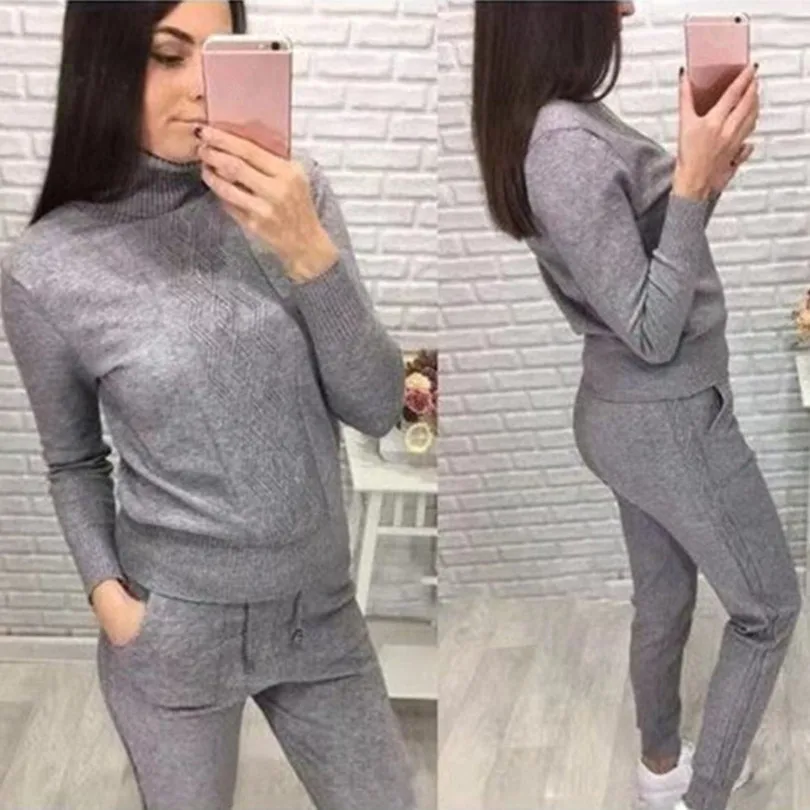 

MVGIRLRU Women Knitted Suits turtleneck pullover sweater and pant two piece set Female tracksuit