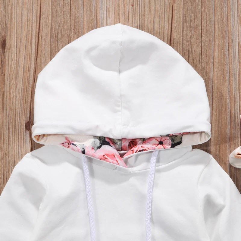 Милый Повседневный хлопковый пуловер с капюшоном и длинными рукавами для маленьких девочек, 3 предмета верх-белая рубашка с цветочным принтом и штаны повязка на голову для детей 0-24 месяцев
