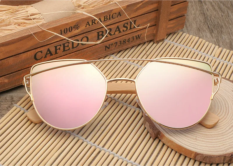 Модные женские поляризационные солнцезащитные очки из бамбукового дерева, женские розовые солнцезащитные очки кошачий глаз, негабаритный стиль, UV400, высокое качество, ручная работа