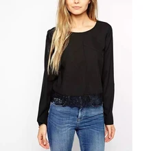 Nice Fashion Women Blouses Nice Trend Female Lace Patchwork Hem Hollow Out Shirts Leisure Ladies Black Tops And blouseLBBL118