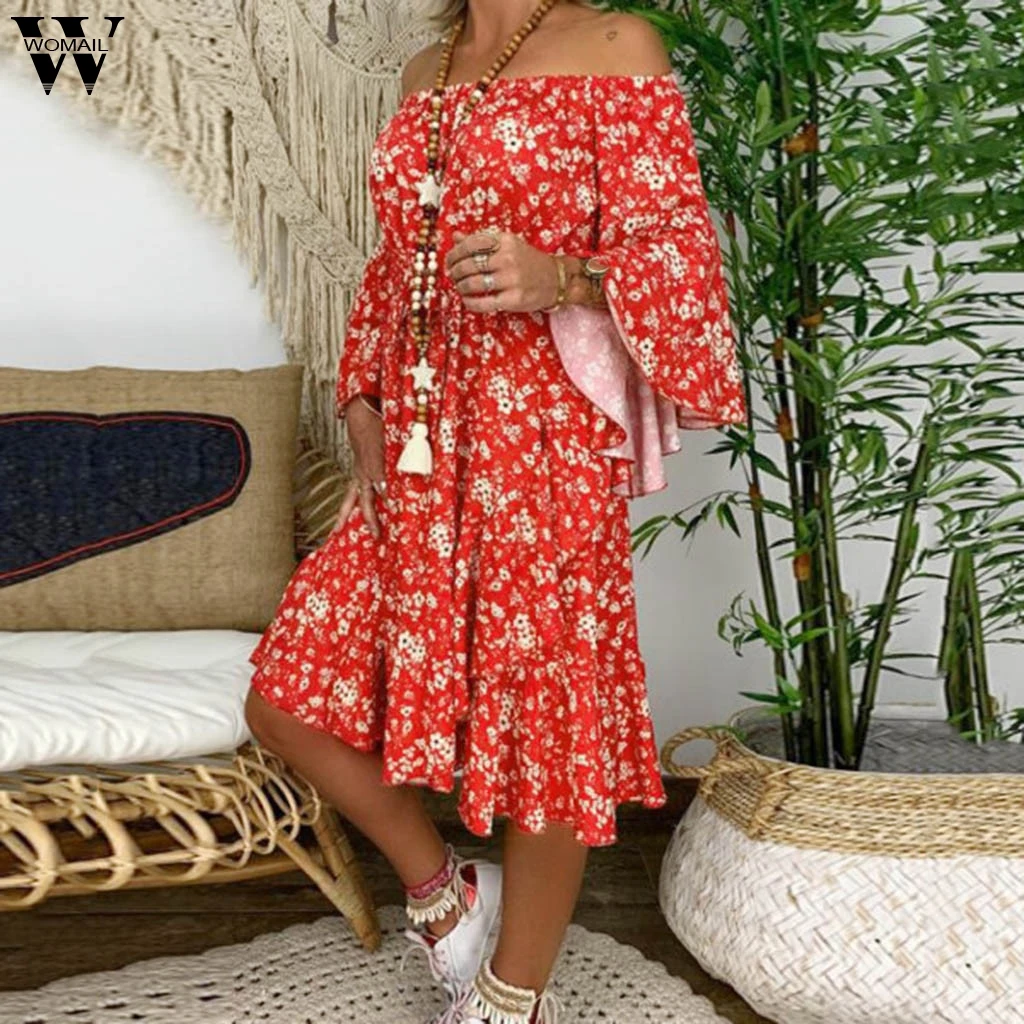 

Womail dress Autumn long Sleeve Print Off The Shoulder long Dress Beach Party Casual Women Holiday Elegant vestidos J715