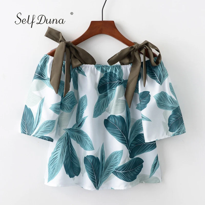 

Self Duna 2019 Summer Female Print Blouse Off Shoulder Sexy Slash Neck Lace Up Bow Short Sleeve Women Blouse Shirt Chemise Femme