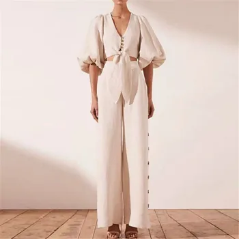 

2019 Fashion Women Sets Puff Sleeve Strap Short Jacket + High Waist Cotton Linen Wide Leg Pants Office Ladies Suits Ds50643