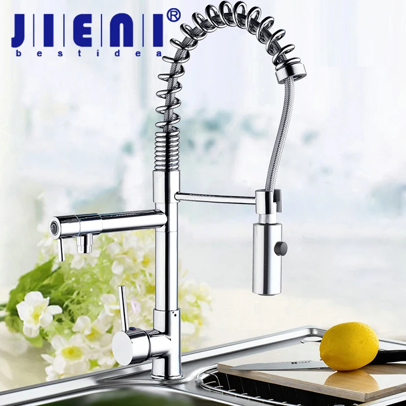 

JIENI Two Swivel Spouts Deck Mount Pull Out Kitchen Sink Faucet Hot & Cold Water Mixer Tap Chrome Finish Single Handle Faucet