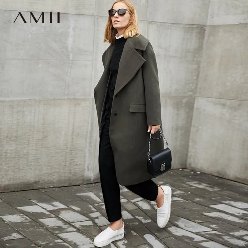 

Amii Minimalism Wool Blend Long Coat Women Winter 2018 Causal Turn Down Collar Solid Oversized Loose Elegant Long Jackets