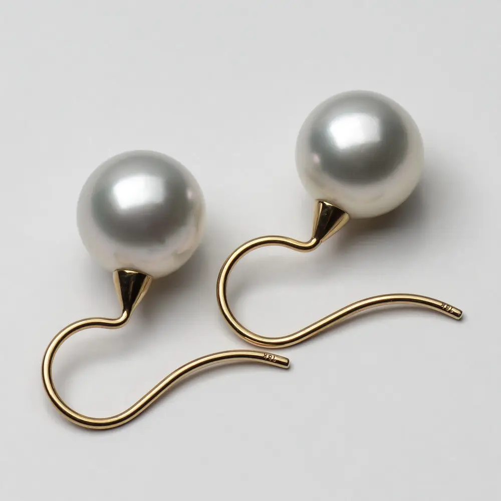 

10.6-10.7mm White Genuine South Sea Pearl Hook Drop Earrings 18k Yellow Gold
