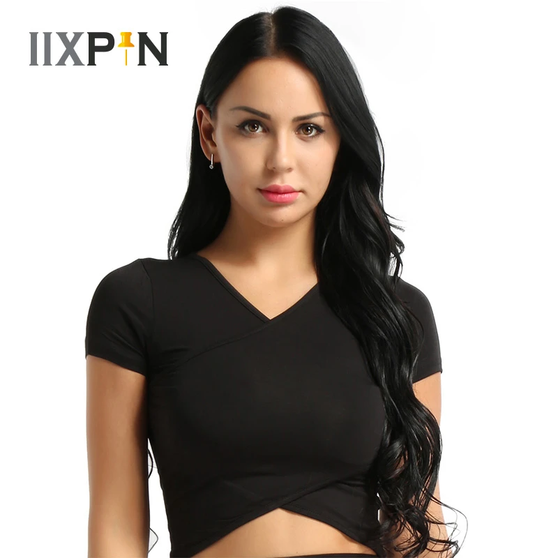 

IIXPIN Women Latin Dance Costumes Belly Crop top Deep V-Neck Short Sleeve Front Surplice Wrap Crop Top Belly Latin Dance Clothes