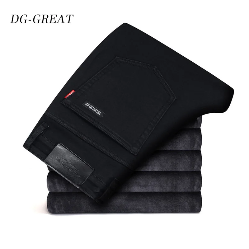 

Black Men's Winter Jeans Velvet Fleece Stretch Business Casual Straight Trousers Flocking Trousers Jean Male Clothes Plus Size