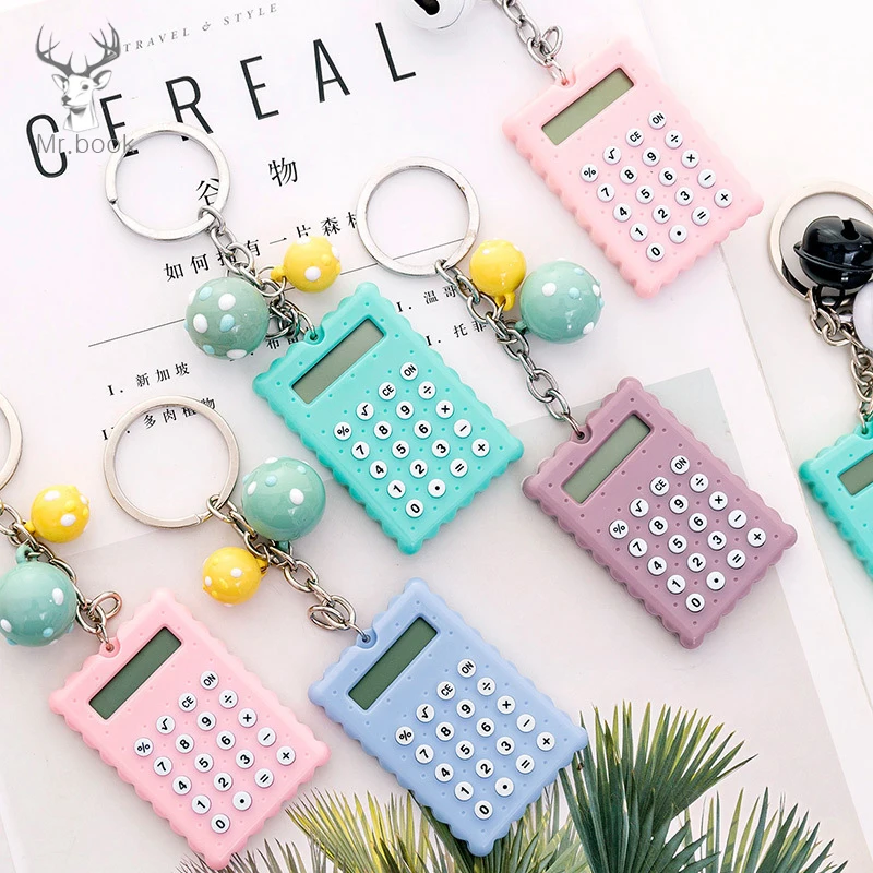 

Creative Cartoon Biscuits Shape Mini Calculator Key Holder Portable Student Pocket Calculator with Keychain Bell Pendant Gifts