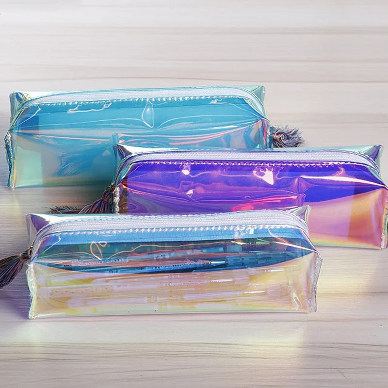 

laser laser Transparent Pencil Box Makeup Bag Cute New Pencil Case Holographic Cosmetics Pouch School Stationery Office Supplies