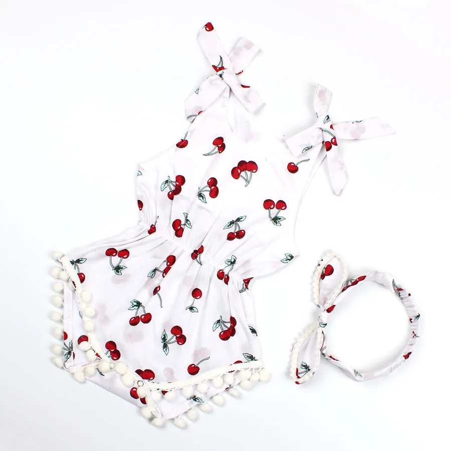 2018 Summer Children Clothing Newborn Cherry Romper Clothes Set Baby Girl Ruffled Sleeve Bodysuit Jumpsuit + Headband 2pcs  (7)