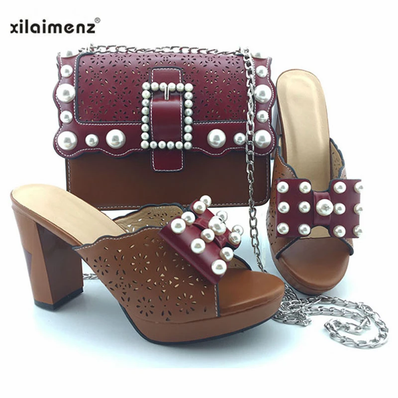 

Nigerian Fashion Red with Brown Color Shoes And Bag Set African Style High Heels Slippers And Purse with Pearl For Evening Party