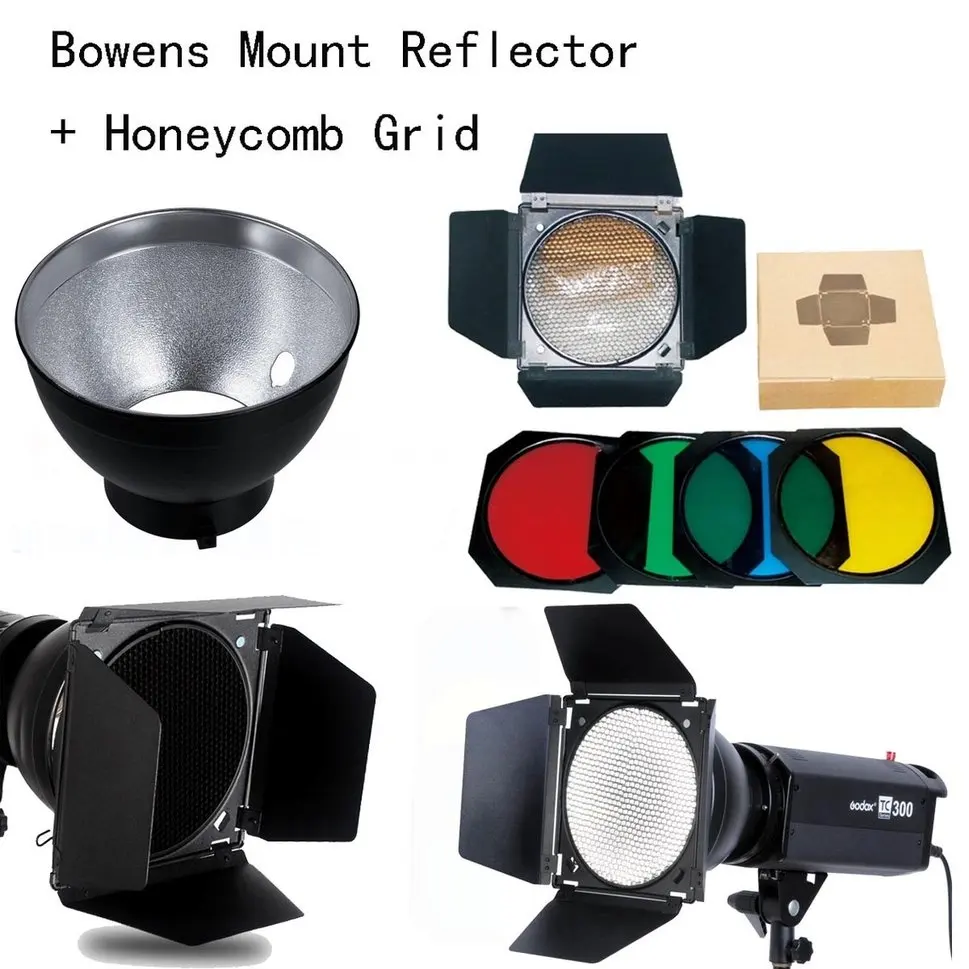 

Godox Bowens Mount Reflector for Studio Flash + BD-04 Barn Door Honeycomb Grid + 4 color Filter