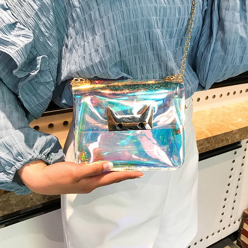 

Women Cat Transparent Clear PVC Jelly Small Tote Messenger Bags Laser Holographic Shoulder Bag Female Lady Sac Femme Bandoulier