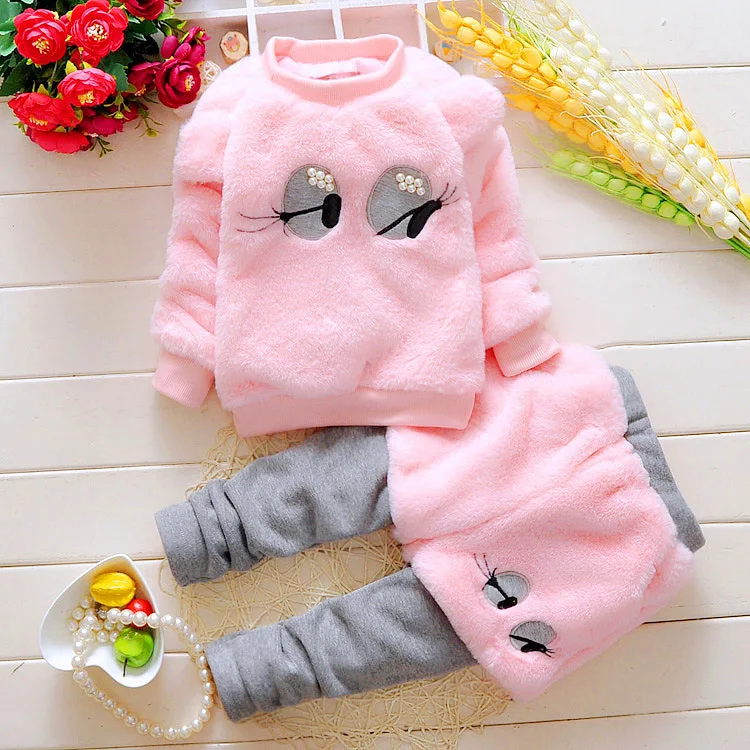 Детская зимняя одежда, хлопковые бархатные утепленные комплекты одежды для девочек, хлопковый спортивный костюм для детей, костюмы, детская одежда - Цвет: Розовый