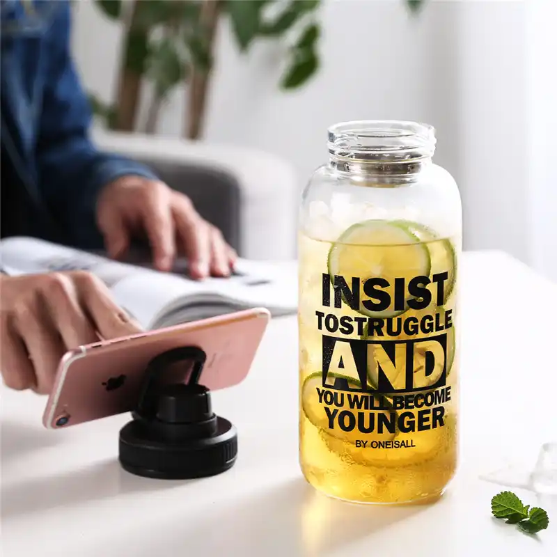 Bouteille Deau De Sport En Verre En Plein Air Portable De Grande Capacité Avec Filtre à Thé Manchon De Bouteille De Paille Support Pour Téléphone