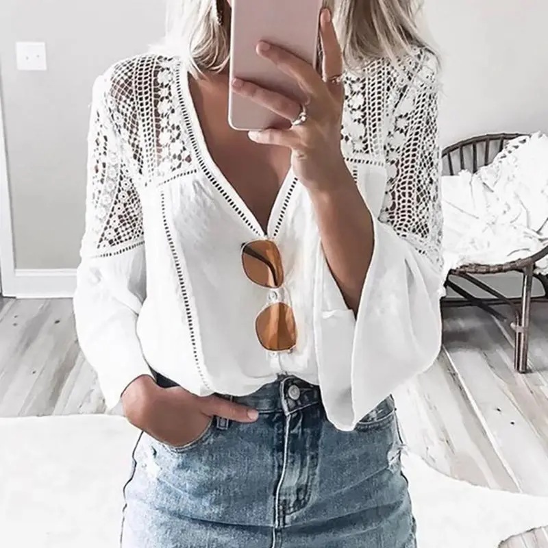

Women Boho Top Blouses White Summer Sexy V Neck Long Flare Sleeve Sexy Hollow Travel Appliques Casual Vocation Shirts Clothes