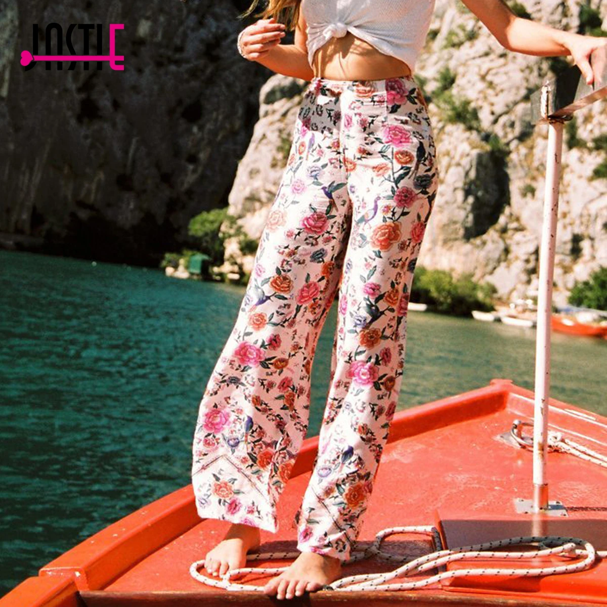 

Jastie Boho Flower Print trousers Women Pants Casual Beach High Waist Wide Leg Pant Spring Summer Bottom Female Pants Trousers