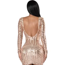New Arrival Autumn Women Gold Sequin Dress Long Sleeve Plus Size Bodycon Backless Sexy Dress Mini Party Clubwear CP1633