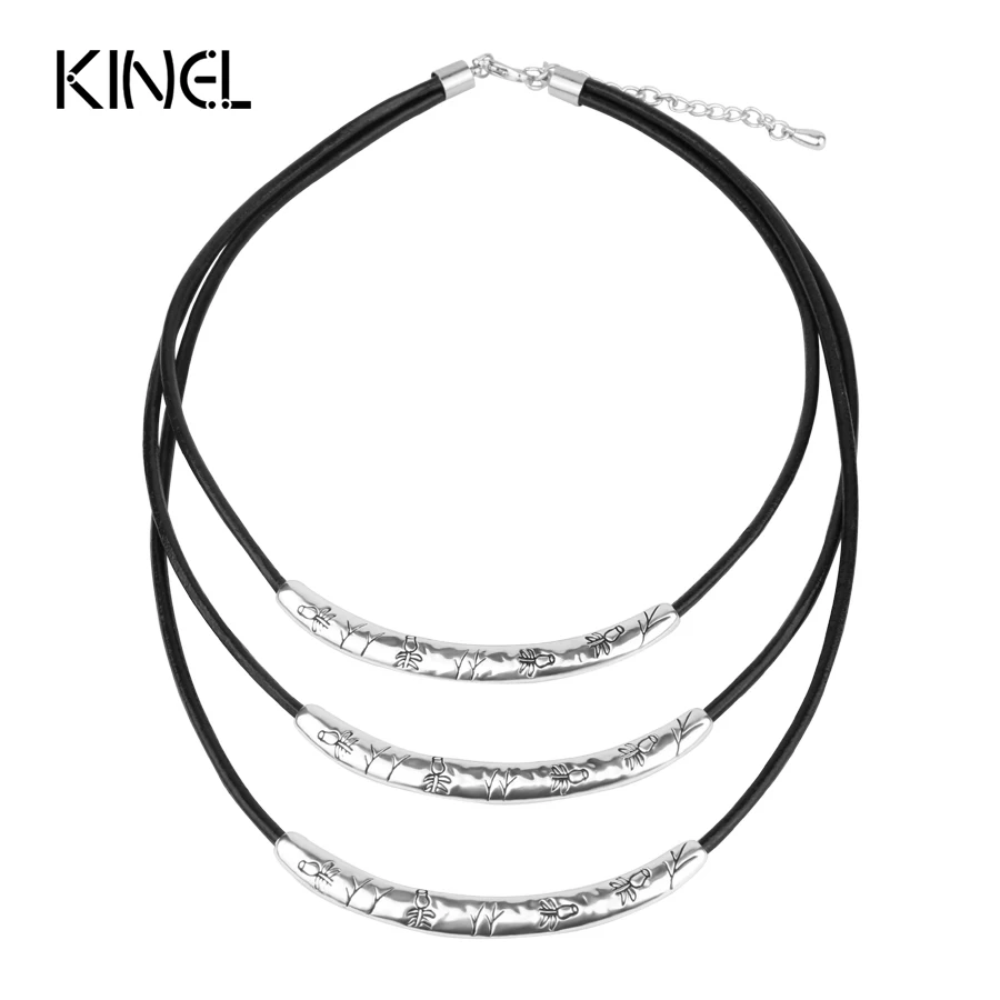 

Kinel Vintage Jewelry Silver Plated Handmade Carving Dandelions Geometric Alloy 3 Layer Pendant Choker Necklace For Women