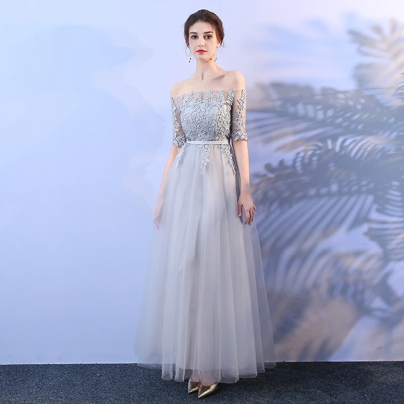 

Elegant Bridesmaid Dresses Grey Colour Long Party Dress Wedding Dress Off the Shoulder