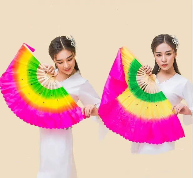 

Hand Made Dancing Imitation Silk Bamboo Long Fans Veils Folk Art Chinese Yangko Party Stage Performance Foldable Fan Gradient