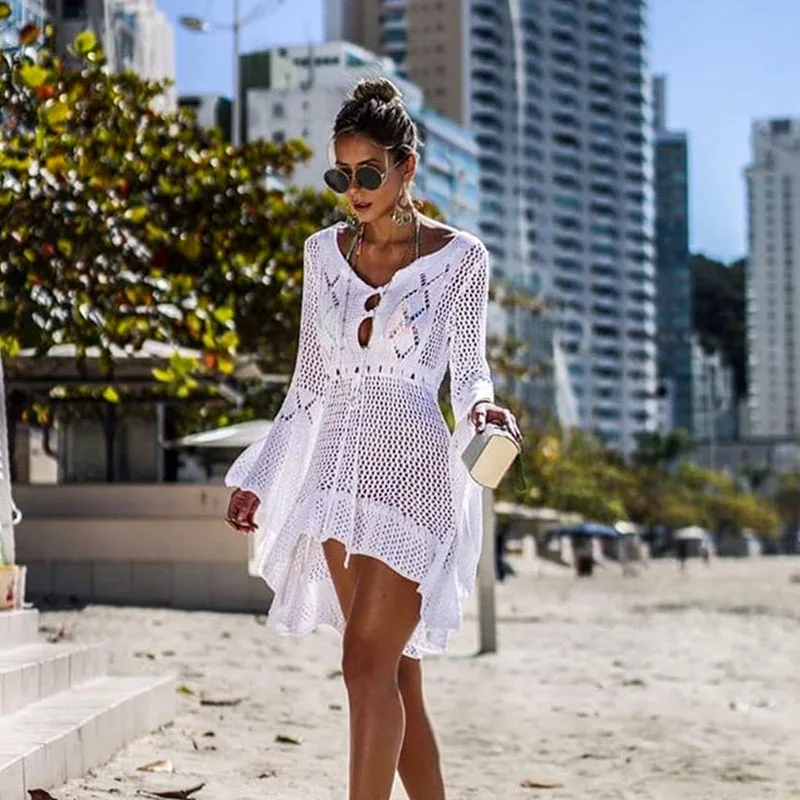 Соблазнительный кружевной вязаный пляжный халат Туника длинное Парео Бикини, верхняя одежда купальный халат пляжная женская одежда