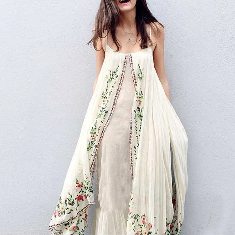 Jaatie Регулируемый Бретели для нижнего белья летние платья Floral Embroidered Maxi платье рябить подол бохо платье vestidos 2017 Для женщин одежда