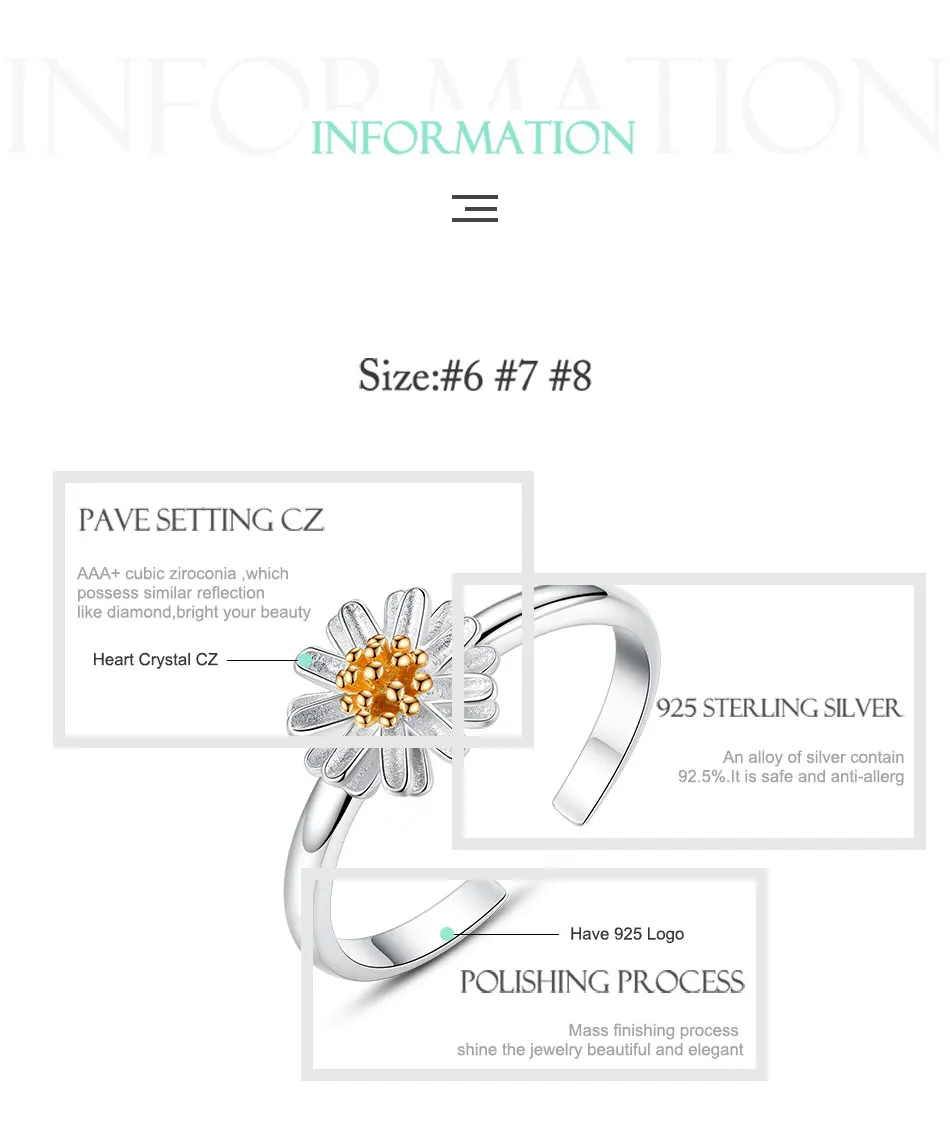 ELESHE, лето, Новое 925 пробы, серебряное кольцо на палец в виде цветка маргаритки для женщин, свадебное серебряное Открытое кольцо, регулируемое ювелирное изделие, подарок