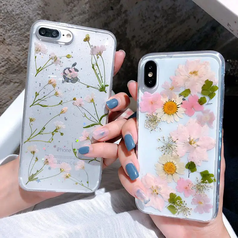 

For iPhone X 6 6S 7 8 Plus Transparent Dried Flower Phone Case For iPhone XR XS Max Soft TPU Silicone Clear Floral Back Cover