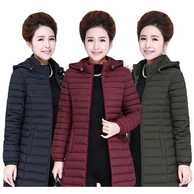 

Winter Women Hooded Jacket Warm Overcoat Plus size L-6XL Fashion Slim Thin Down cotton Mother Medium long Ladies Coat Casual Top