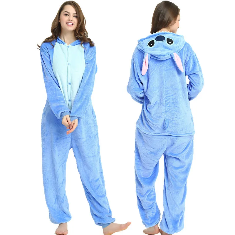 Кигуруми, пижамы для взрослых в виде животных, наборы, Ститч, единорог, Onesie, мультяшное ночное белье, косплей, для женщин и мужчин, зимние фланелевые пижамы с пандой - Цвет: Blue stitch