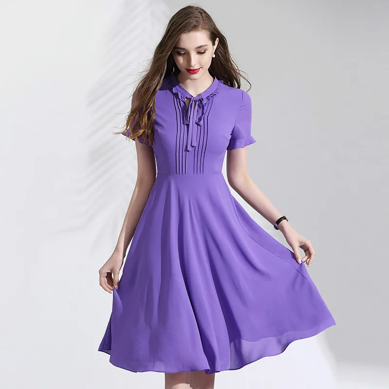 

Summer Dress Chiffon 2019 Women's New Bow Hollow Out Collar Short Sleeves Solid Color Slim A-Line Purple Dress Knee Length M-XXL