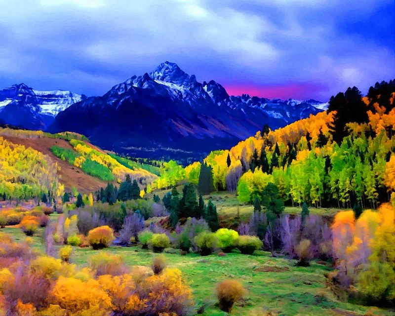 Modern handmade painting Blue mountain in the autumn on oil canvas for