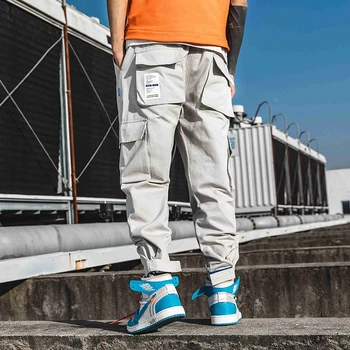 

Spring Cargo Pants Men Cotton Drawstring Multi-pocket Joggers Trousers Ankle Banded male Fashion Harem Pants Grey Black Army