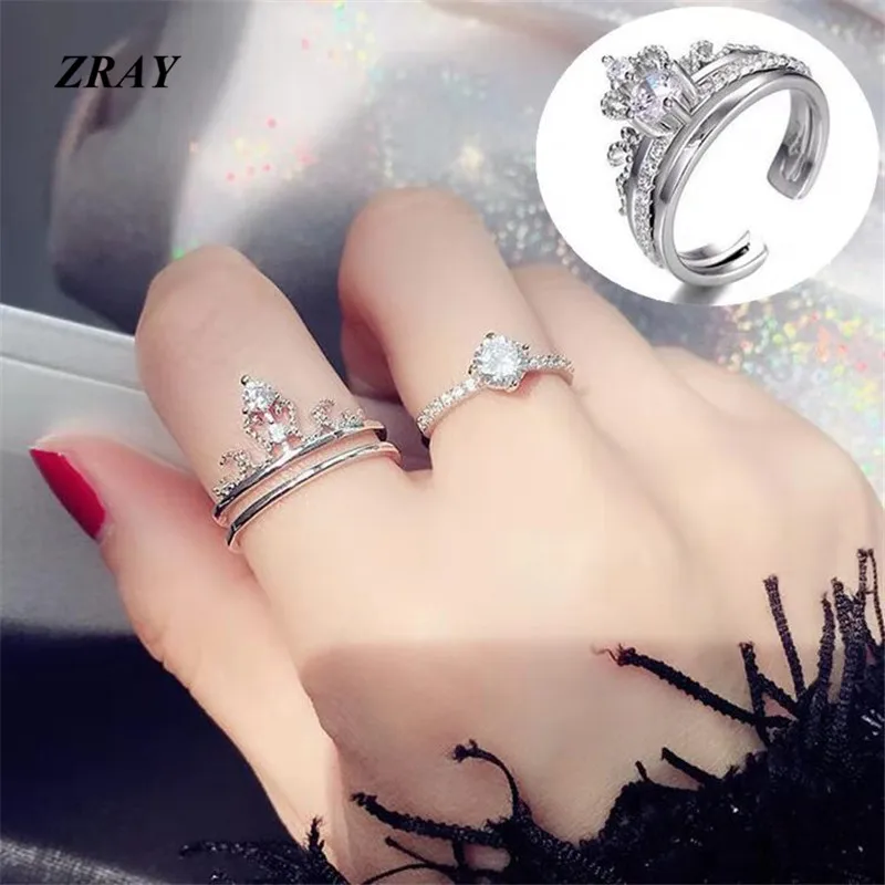 

ZRAY Simple Temperament Crystal Crown Double Layer Combination Engagement Rings for Women Fashion Open Ring Wedding Jewelry Gift