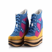 Plataforma Mulheres Sapatos de Couro Genuíno Mulher Sapatos De Salto Alto Rebite Cores Misturadas Sapatos Casuais Zapatillas Zapatos Mujer Tenis Feminino