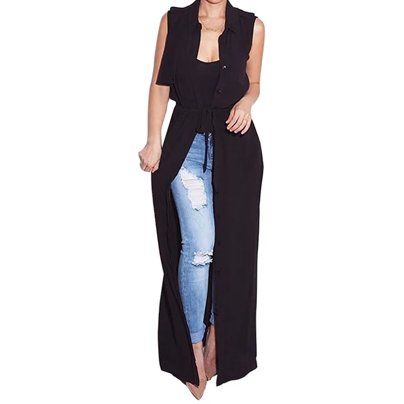 Tanie Lato Kobiety Bez Rękaw oacute;w Szyfonu Kardigan Skręcić w d oacute;ł Kołnierz Bandaż Sashes Casual Bluzka Kimono Długa Koszula Kamizelka Lace up kamizelka