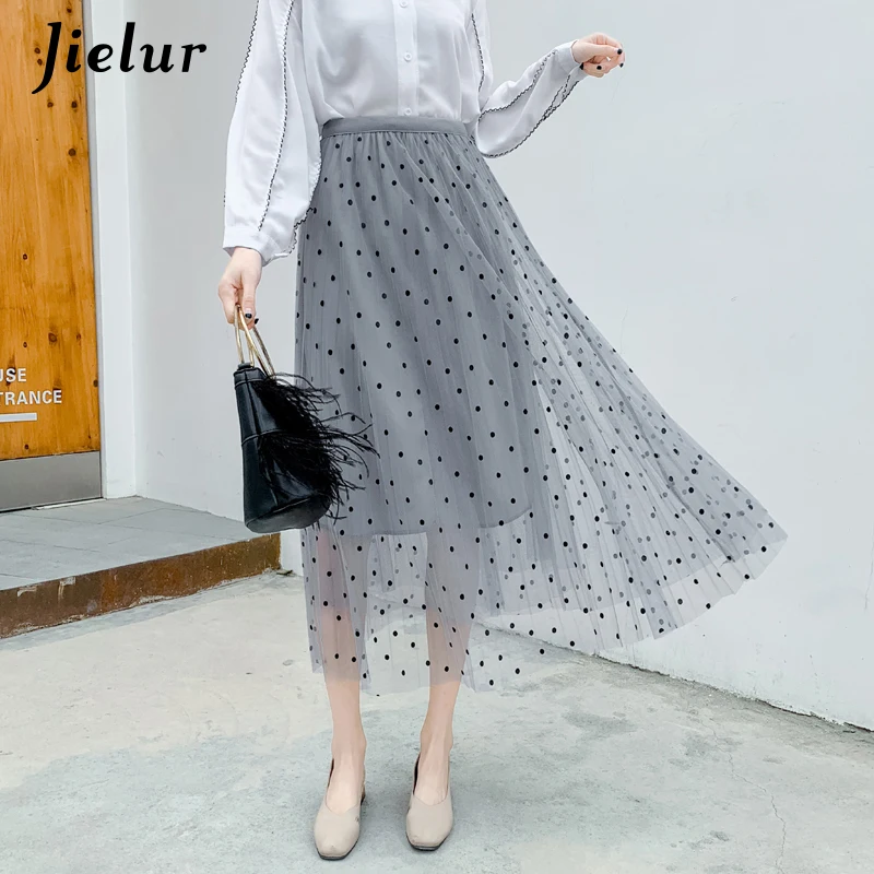 

Jielur Polka Dot Pleated Skirt New Fashion Charming 2019 Skirts Womens Mesh Tulle Skirts Lady Long Midi Saia Elegant 4 Colors
