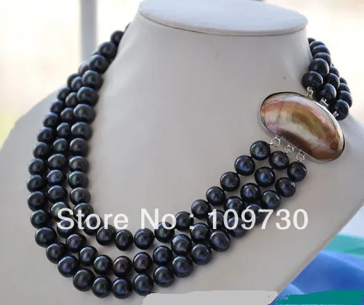 

Jewelry 0012240 3strands 10mm black round freshwater pearl necklace mabe clasp