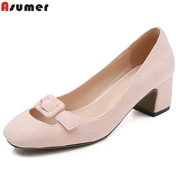 

ASUMER Plus size 33-43 New flock women pumps round toe buckle shallow spring summer square high heels ladies shoes