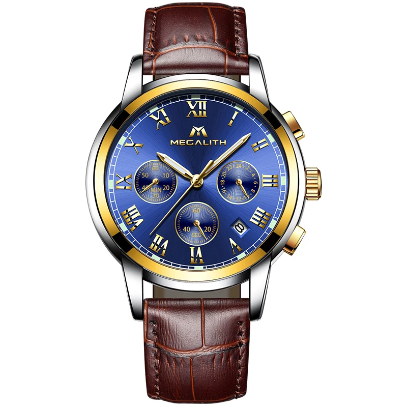 

MEGALITH 2019 Multifunctional Business Wristwatch Men Luxury Glorious Wacthes Stainless Waterproof Leather Quartz Watch Clock