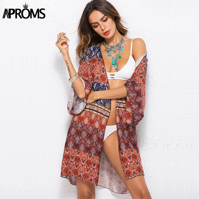 

Aproms Boho Multicolor Floral Print Kimonos Cardigan Women Elegant 3/4 Sleeve Loose Blouse Summer Chic Beach Long Tunic Top 2019