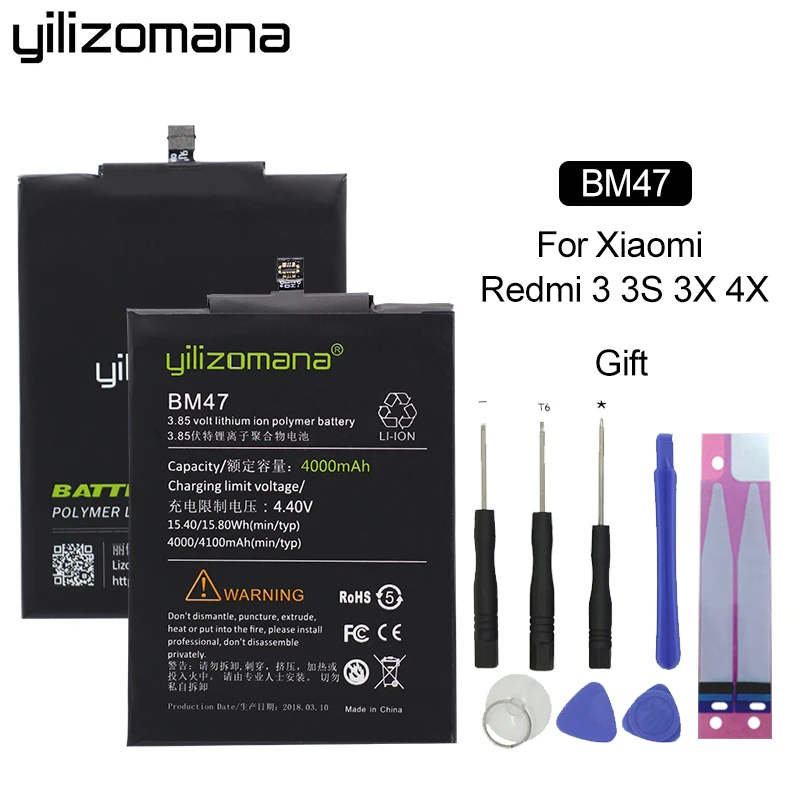 

YILIZOMANA Li-ion Battery BM47 For Xiaomi Redmi 3 3S 4X 3X Replacement High Capacity Phone Batteries 4000/4100mAh +Cable