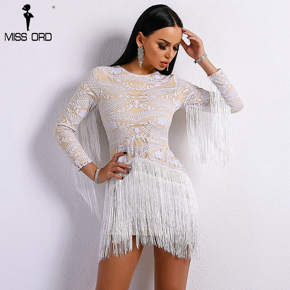 Missord 2018 Sexy O Neck Long Sleeve Tassel Glitter Elegant White Dress