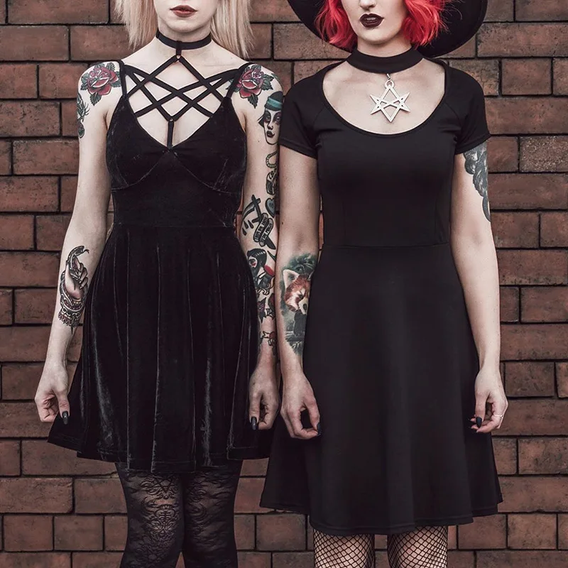 

Summer Women Dresses Gothic Punk Slim Fit Black Short Sleeve Mini Dress Party Dress