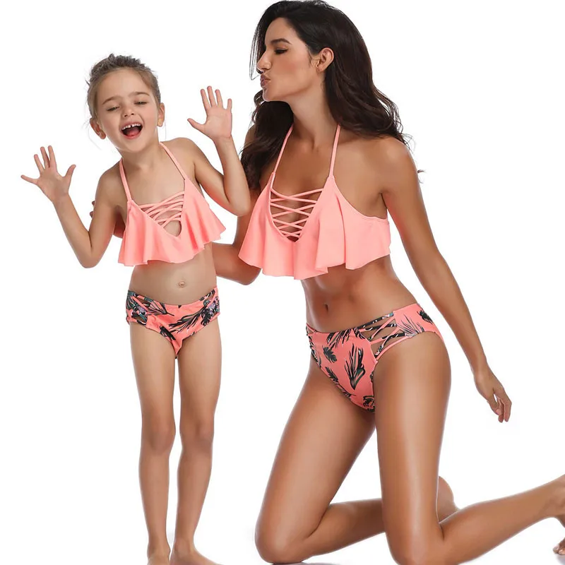 

Mother Daughter Swimsuit Family Matching Clothes Sexy Swimwear Mommy Me Outfits Mama Mom Baby Look Bikini With Children Dress