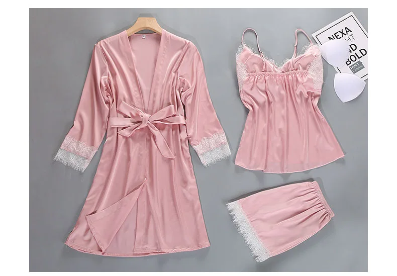 Queenral 3PCS Pajama Sets Women's Sleep Lounge Sleepwear Spring Sexy V-neck Nightwear Satin Silk Long Sleeve Home Wear Female   