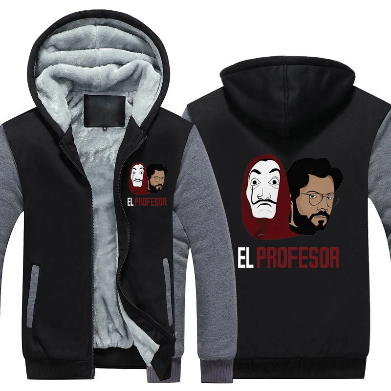 La casa de papel Thicken Hoodie Coat Money Heist Warm Hoodie Dali Mask La casa de papel Fleece Winter Hoodie - Цвет: Black Grey4